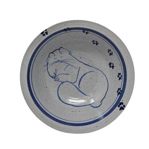 Handmade Pottery Bowl Cat Design Artisan Stoneware Unknown Mark - Picture 1 of 11